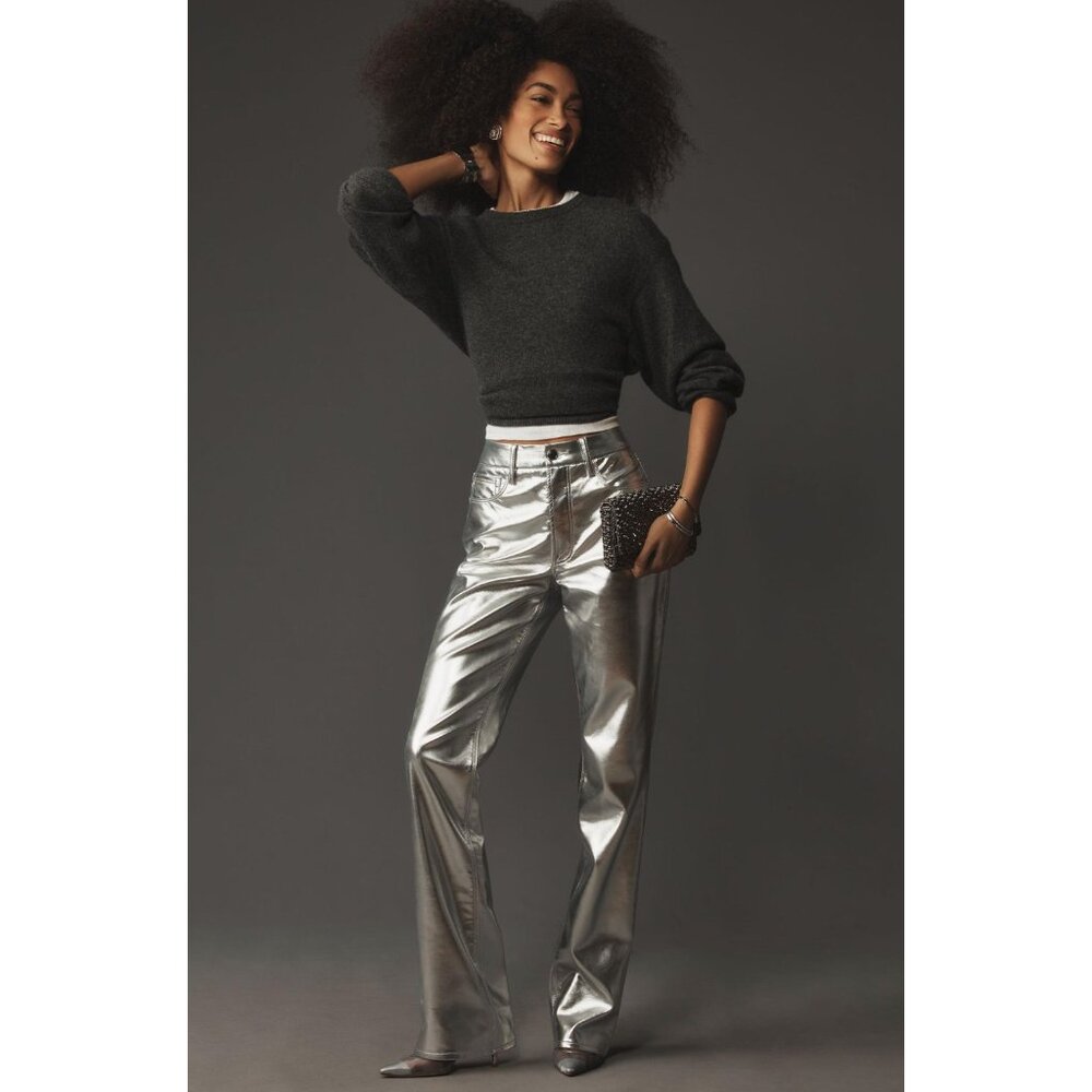 Anthropologie Good American Good Icon Metallic Silver Faux Leather Pants NWOT 8